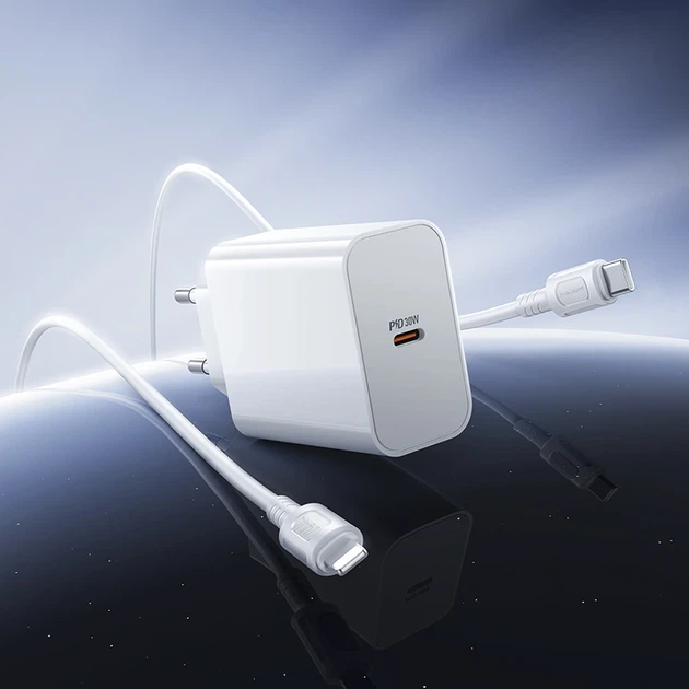 Мережевий зарядний пристрій BOROFONE BA107A Stellar single port PD30W charger set (C to iP) (EU) White - зображення 9