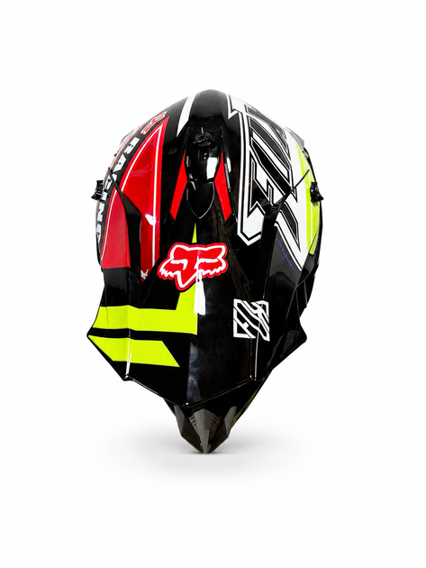 Шолом ендуро FOX Racing розмір XL з окулярами 100%, мотокросовий захисний шолом для ендуро, ATV, квадроцикла, пітбайка та бездоріжжя, чорно-біло-жовто-червоний спортивний дизайн з козирком і вентиляцією - зображення 4