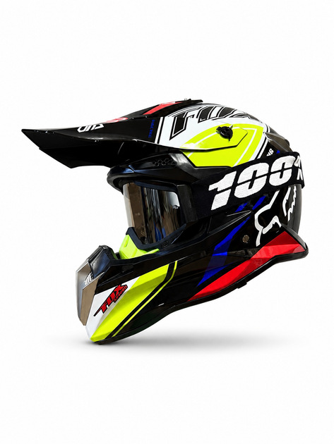 Шолом ендуро FOX Racing розмір XL з окулярами 100%, мотокросовий захисний шолом для ендуро, ATV, квадроцикла, пітбайка та бездоріжжя, чорно-біло-жовто-червоний спортивний дизайн з козирком і вентиляцією - зображення 7