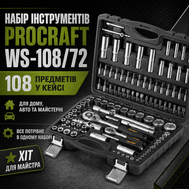 Набор инструментов ProCraft WS-108/72 108 предметов 1/4 и 1/2 в кейсе с трещотками на 72 зубца головками и битами - Фото 1 Набор инструментов ProCraft WS-108/72 108 предметов 1/4 и 1/2 в кейсе с трещотками на 72 зубца головками и битами - изображение 1