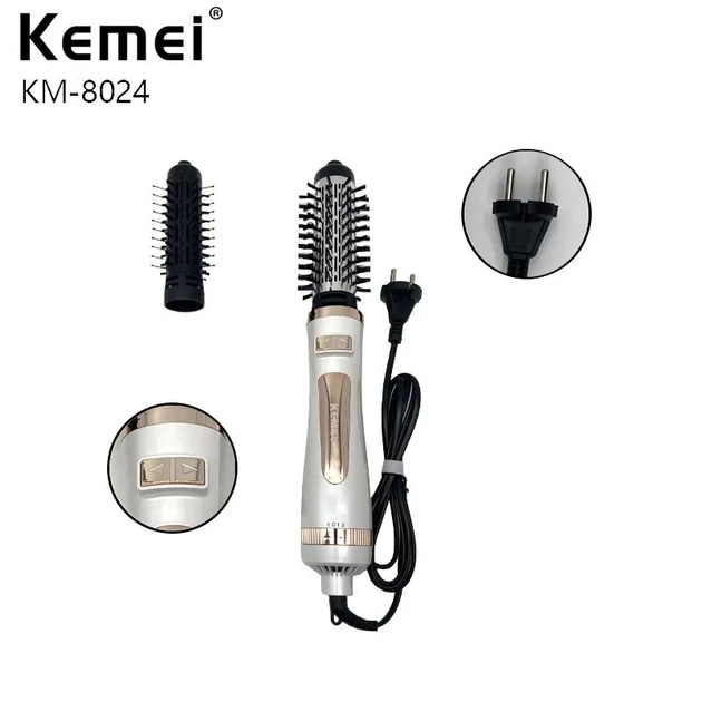 Фен-щітка стайлер Kemei KM-8024 800Вт: Фен з насадкою, що обертається, 3 температурними режимами та 2 щітками у комплекті - зображення 4