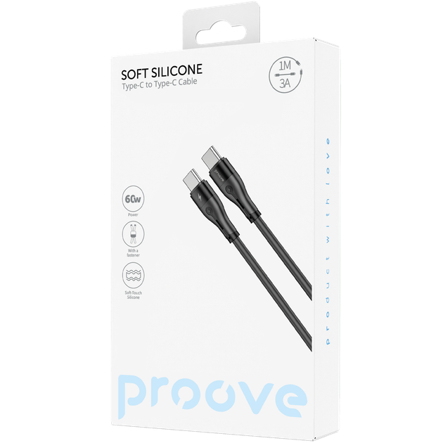 Кабель Proove Soft Silicone Type-C to Type-C 60W (1m) чорний - Фото 2 Кабель Proove Soft Silicone Type-C to Type-C 60W (1m) чорний - зображення 2