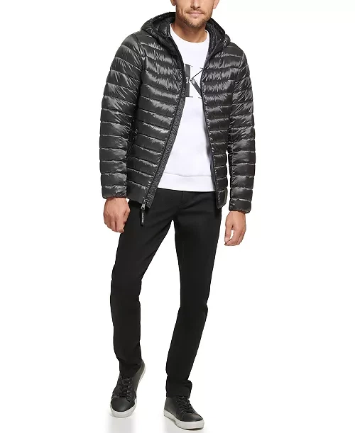 Чоловічі стьобані куртка Calvin Klein Premium з капюшоном: Водонепроникний нейлон, з атласним блиском M сіра - зображення 3