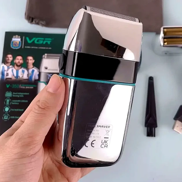 Электробритва V-350 5 Вт 7500 об/мин USB серебристая с двумя насадками для бритья бороды и головы - изображение 15