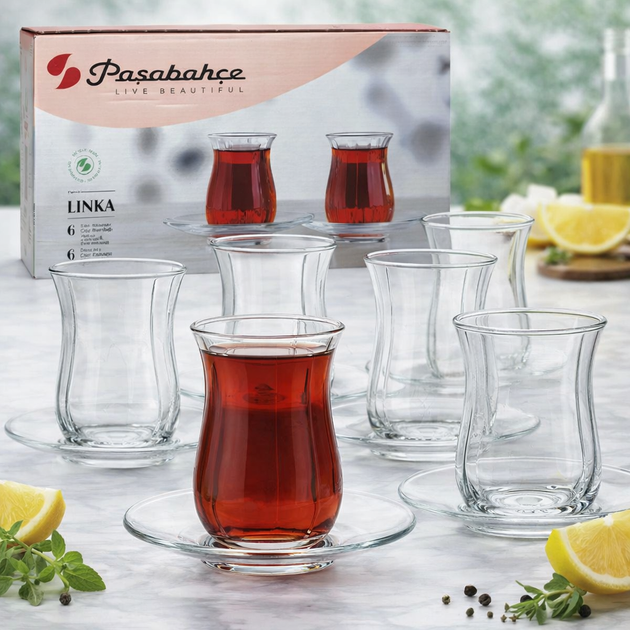 Набор стаканов с блюдцами для турецкого чая Pasabahce LINKA 145 мл 6 шт — стеклянные армуды для чайной сервировки 96572-6 - Фото 3 Набор стаканов с блюдцами для турецкого чая Pasabahce LINKA 145 мл 6 шт — стеклянные армуды для чайной сервировки 96572-6 - изображение 3