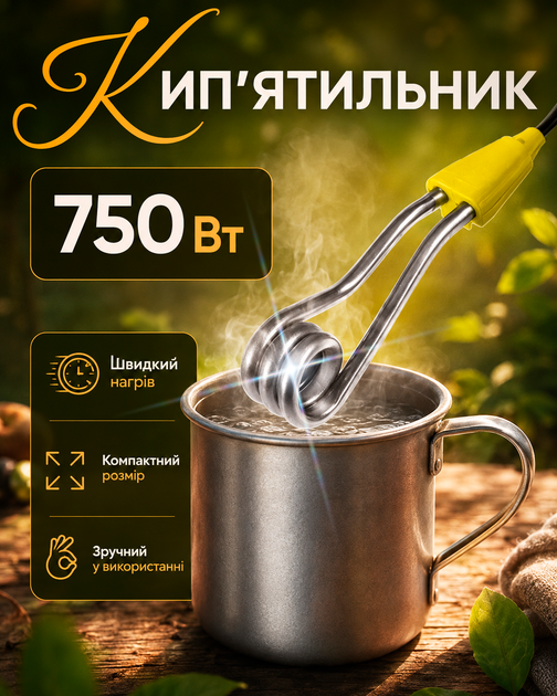 Кип'ятильник електричний маленький електрокип'ятильник 750Вт алюмінієвий занурювальний BRS Yellow MIX - зображення 5