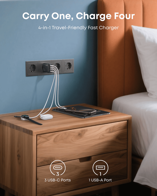 Сетевое зарядное устройство Anker Charger - 70W, 3xUSB-C PD 3.0 & 1xUSB-A Black (A121CG11) - Фото 4 Сетевое зарядное устройство Anker Charger - 70W, 3xUSB-C PD 3.0 & 1xUSB-A Black (A121CG11) - изображение 4