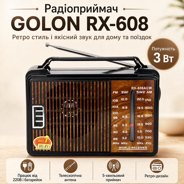 Портативний радіоприймач 220В, GOLON RX-608 / Радіо на батарейках / Ретро радіоприймач - изображение 2