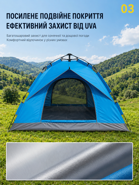 Автоматическая туристическая палатка 4-местная 210×210×145 см для кемпинга, рыбалки и пикника с москитной сеткой, вентиляцией и PU 2000 мм (зеленый) - изображение 6