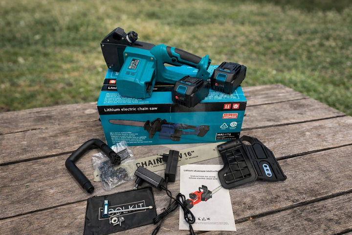 Аккумуляторная цепная пила Electric SAW 16 дюймов + 2 аккумулятора мощная электропила BLUE - Фото 4 Аккумуляторная цепная пила Electric SAW 16 дюймов + 2 аккумулятора мощная электропила BLUE - изображение 4