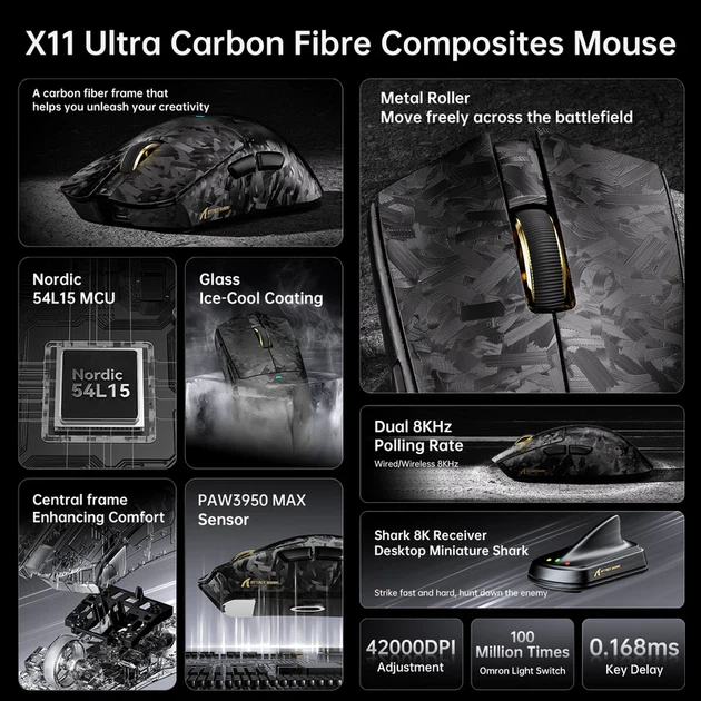 Ігрова бездротова мишка Attack Shark X11 ULTRA / Три режими підключення / Carbon Fiber / Сенсор PAW3950MAX / 42000 DPI / Black - зображення 6