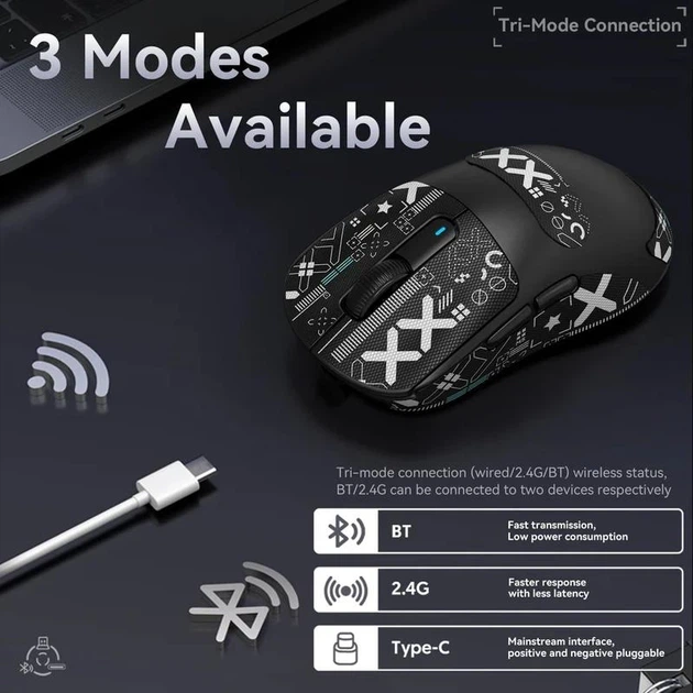 Бездротова ATTACK SHARK X3 Чорна Ігрова Мишка PAW3395 для ПК Радіоканал / Bluetooth - Фото 8 Бездротова ATTACK SHARK X3 Чорна Ігрова Мишка PAW3395 для ПК Радіоканал / Bluetooth - зображення 8