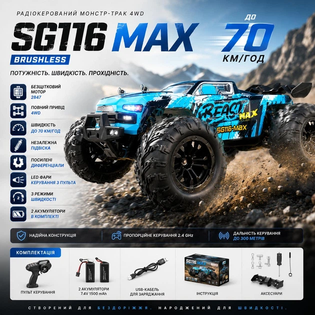 Машинка на радиоуправлении SG116 MAX Brushless 1:16 4WD до 70 км/ч