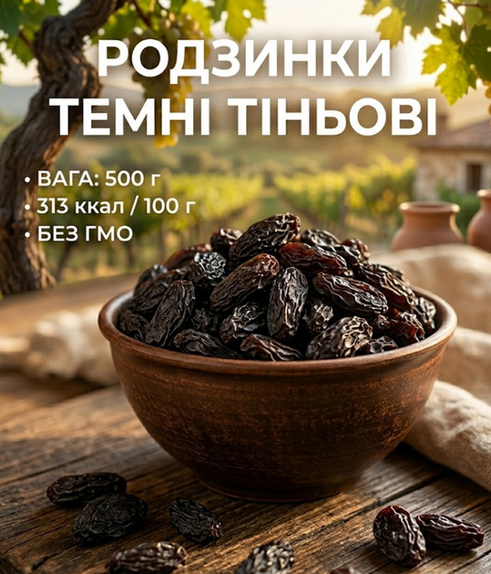 Изюм темный теневой 500 г натуральный сладкий сушеный виноград - Фото 1 Изюм темный теневой 500 г натуральный сладкий сушеный виноград - изображение 1