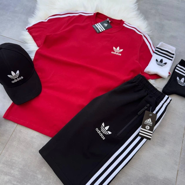 Костюм Adidas футболка шорти кепка чорні 2 пари шкарпеток червоний XL - Фото 3 Костюм Adidas футболка шорти кепка чорні 2 пари шкарпеток червоний XL - изображение 3