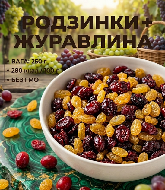 Микс изюм и клюква 250 г натуральная смесь сухофруктов сладко-кислый вкус - Фото 1 Микс изюм и клюква 250 г натуральная смесь сухофруктов сладко-кислый вкус - изображение 1