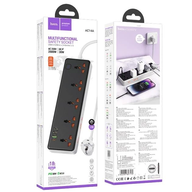 Мережевий подовжувач Hoco AC14A Rico 5-Position Socket (PD30W/1C3A) Black - Фото 4 Мережевий подовжувач Hoco AC14A Rico 5-Position Socket (PD30W/1C3A) Black - зображення 4