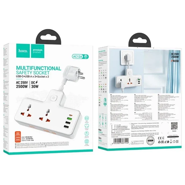 Мережевий подовжувач Hoco AC12A Reise 2-Position Expansion Socket (PD30W/1C3A) White - Фото 6 Мережевий подовжувач Hoco AC12A Reise 2-Position Expansion Socket (PD30W/1C3A) White - зображення 6