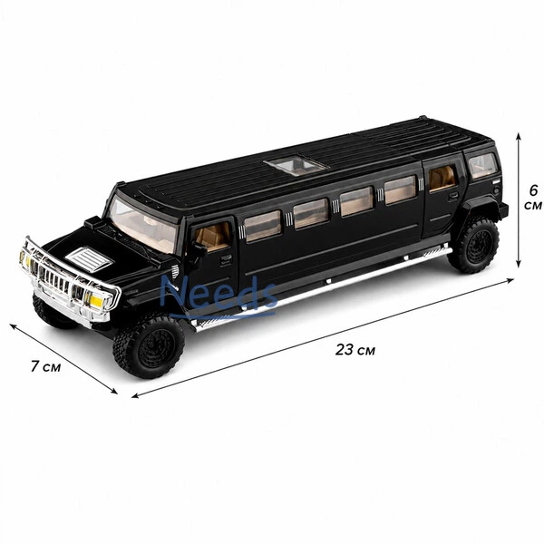 Машинка лимузин Hummer H2 23 см металлическая моделька с подсветкой и звуком открываются двери Черный (7588579) - изображение 2
