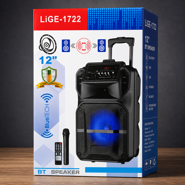 Портативная акустическая система LiGE-1722 Bluetooth колонка с беспроводным микрофоном, FM, USB, AUX, аккумуляторная - изображение 5