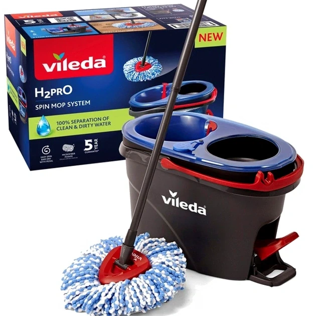 Набор для уборки Vileda H2Pro швабра с отжимом микрофибра ведро с педалью для пола серый - Фото 2 Набор для уборки Vileda H2Pro швабра с отжимом микрофибра ведро с педалью для пола серый - изображение 2