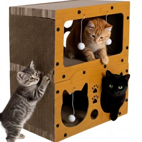 Когтеточка для кошек двухэтажный домик Purlov 51,5x45x28 см из гофрированного картона с игрушками - Фото 2 Когтеточка для кошек двухэтажный домик Purlov 51,5x45x28 см из гофрированного картона с игрушками - изображение 2