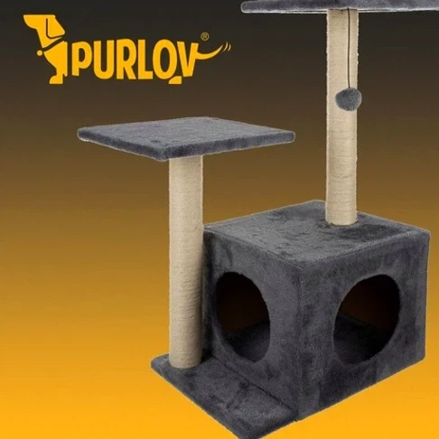 Когтеточка Purlov домик 4 этажа 71 см серый дерево для кошек защита мебели и активность - изображение 3