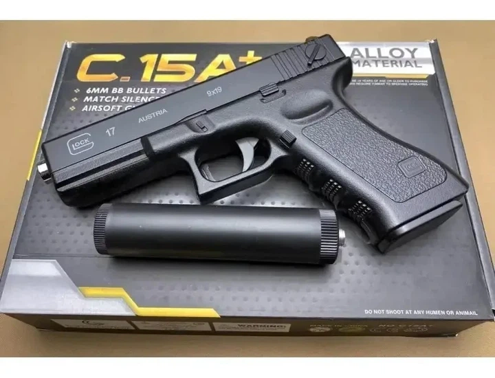 Игрушечный металлический пистолет на пульках с глушителем Glock 17 C.15A + 2500 пуль в подарок - изображение 9
