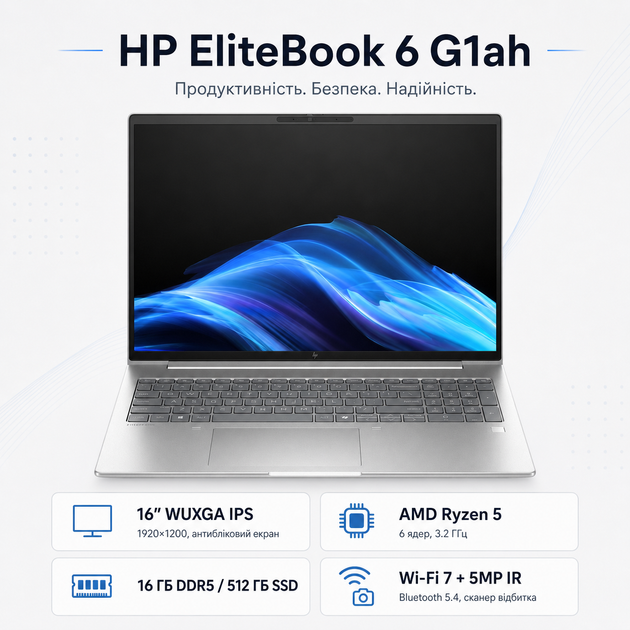 Ноутбук HP EliteBook 6 G1ah 16" WUXGA IPS Ryzen 5-220 16Gb SSD 512Gb Radeon Graphics Silver (AZ8Z1AV_V9) - изображение 2