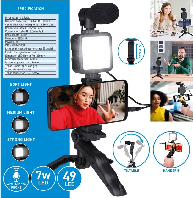 Zestaw do vlogowania Grundig 3 w 1 Selfiestudio (8711252238135) - obraz 2