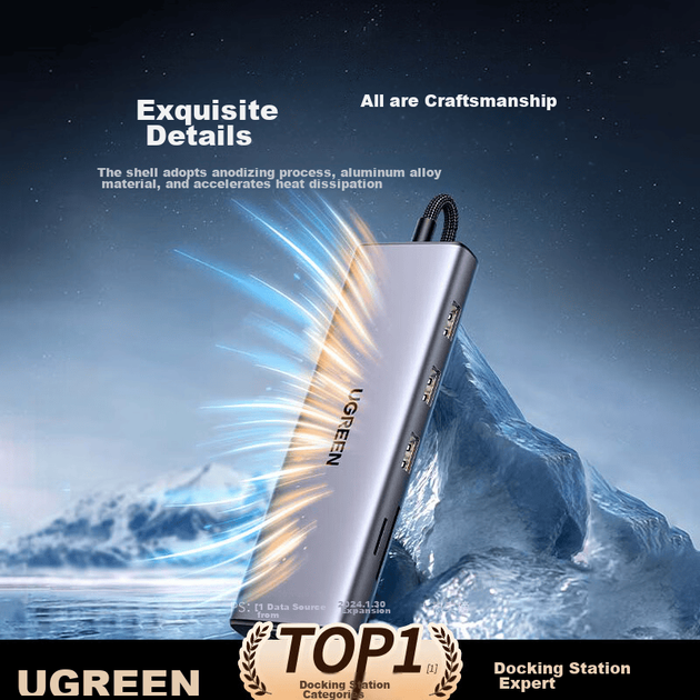 Док-станція розширення UGREEN Type-C, USB-хаб, адаптер порту HDMI/VGA, зчитувач карт пам'яті, сумісний з ноутбуками Apple MacBook Air, Huawei, Lenovo - зображення 5