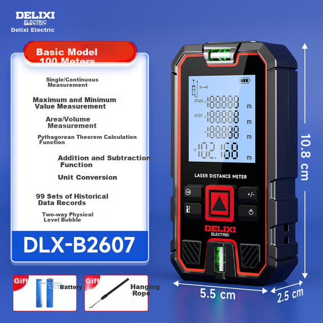 Лазерный ручной дальномер DELIXI ELECTRIC, высокоточная электронная линейка с инфракрасным излучением для измерения расстояния на открытом воздухе и дома, с двумя горизонтальными пузырьковыми уровнями, дальность измерения 100 метров. - Фото 4 Лазерный ручной дальномер DELIXI ELECTRIC, высокоточная электронная линейка с инфракрасным излучением для измерения расстояния на открытом воздухе и дома, с двумя горизонтальными пузырьковыми уровнями, дальность измерения 100 метров. - изображение 4