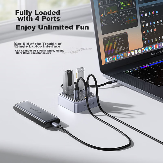 Док-станция ORICO Expansion Dock, концентратор Type-C, высокоскоростной разветвитель USB 3.2 10 Гбит/с, преобразователь One-To для ноутбука, длина кабеля 0,5 метра. - изображение 3