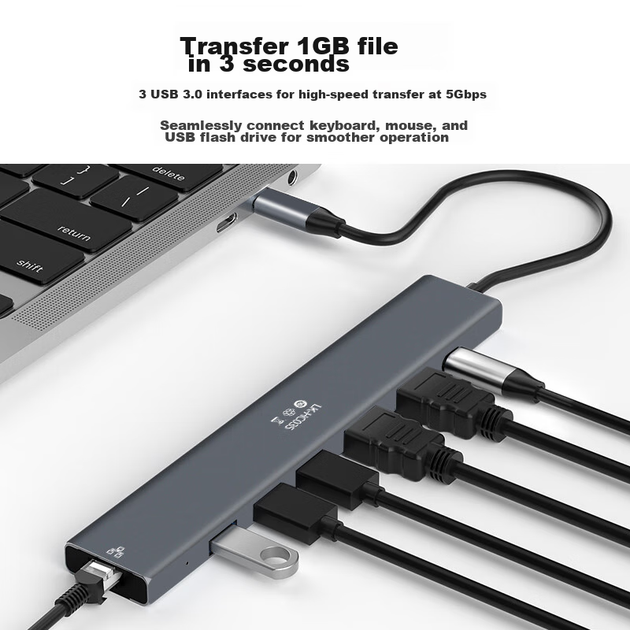Док-станция расширения Netac Type-C, разветвитель для трех экранов USB-C на два HDMI, док-станция расширения 4K, быстрая зарядка PD, гигабитный порт Ethernet, HUB-разветвитель, совместима с компьютерами и планшетами, HC035 - изображение 5