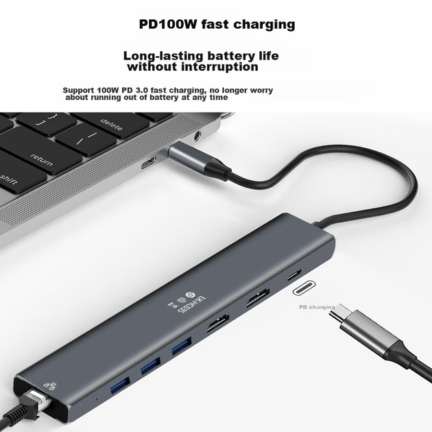 Док-станция расширения Netac Type-C, разветвитель для трех экранов USB-C на два HDMI, док-станция расширения 4K, быстрая зарядка PD, гигабитный порт Ethernet, HUB-разветвитель, совместима с компьютерами и планшетами, HC035 - изображение 7