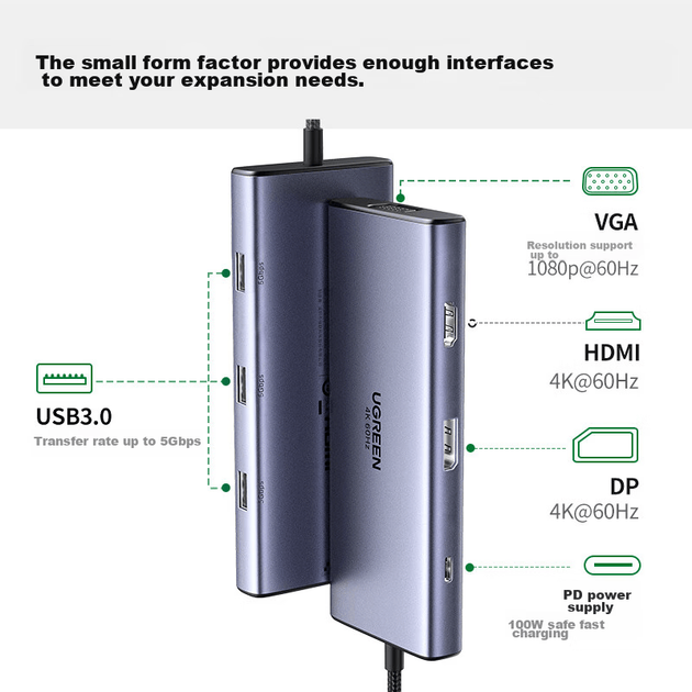 Док-станция UGREEN Type-C для четырех экранов с портами DP/HDMI/VGA и Thunderbolt 4, адаптер расширения для нескольких экранов 4K 60 Гц для торговли акциями, совместима с ноутбуками Huawei, Honor, Lenovo. - изображение 3