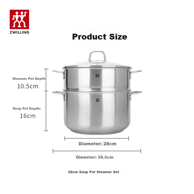 Набор ZWILLING Nova Plus, состоящий из двухслойной кастрюли из нержавеющей стали, суповой кастрюли, корзины для приготовления супа и булочек на пару, большой вместимости, 28 см. - изображение 4