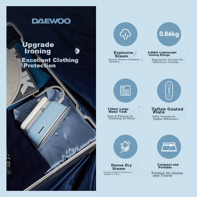 Ручний відпарювач для одягу DAEWOO HI-048, портативний, блакитний - зображення 4