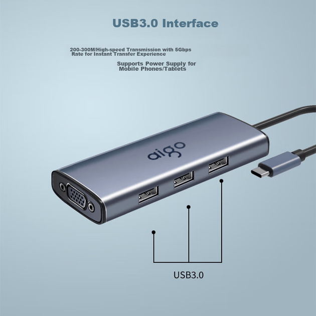 Док-станция расширения Aigo Type-C, USB 3.0-концентратор, адаптер порта Gigabit Ethernet RJ45, конвертер HDMI/VGA, быстрая зарядка PD100 Вт, док-станция расширения USB T07-R (металлический корпус) - изображение 6