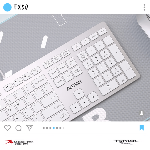 A4TECH FX50, 109-клавішна дротова клавіатура, тонкоплівкова тиха клавіатура, комп'ютерна клавіатура, клавіатура для Mac, офісний друк, гарне відчуття в руці, Fei Shidai, клавіатура з ножицеподібною ніжкою, залізно-сірий колір, дротова - зображення 9