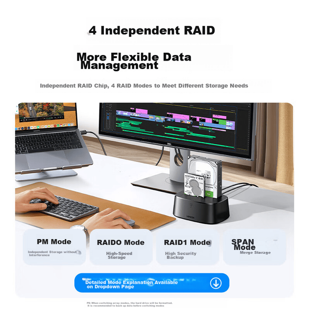 Корпус для жестких дисков UGREEN Disk Array многоотсечный с RAID, для дисков 2.5/3.5 дюйма SATA - изображение 4