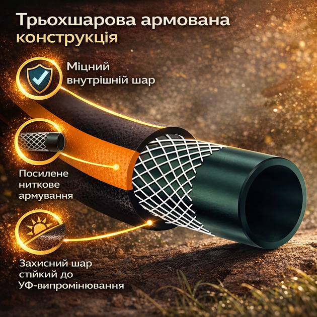 Шланг для поливу REBINER KALAHARI 5/8" 50 м армований посилений для саду, городу та подачі води чорно-помаранчевий - зображення 3