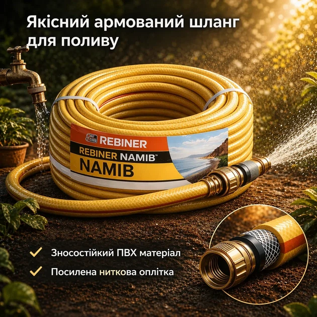 Шланг для полива REBINER NAMIB 5/8" 20 м армированный для сада, огорода и подачи воды желто-оранжевый - изображение 2