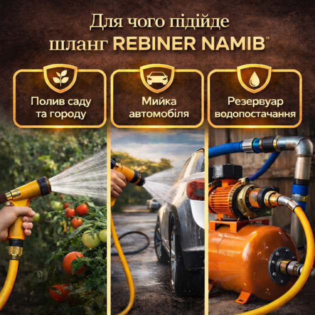 Шланг для полива REBINER NAMIB 5/8" 20 м армированный для сада, огорода и подачи воды желто-оранжевый - изображение 5