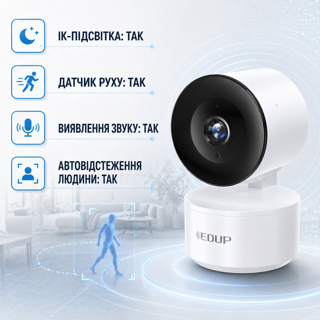 WiFi камера видеонаблюдения Edup EH-15 поворотная Full HD 1080P 2 Мп с ночным видением датчиком движения и microSD белая - Фото 3 WiFi камера видеонаблюдения Edup EH-15 поворотная Full HD 1080P 2 Мп с ночным видением датчиком движения и microSD белая - изображение 3