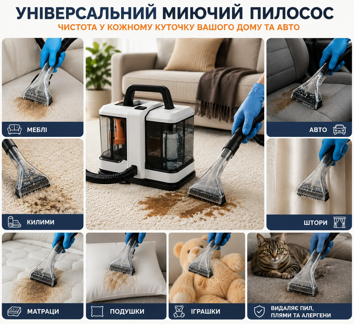 Миючий пилосос 750Вт універсальний для хімчистки меблів, килимів та салону авто - зображення 4