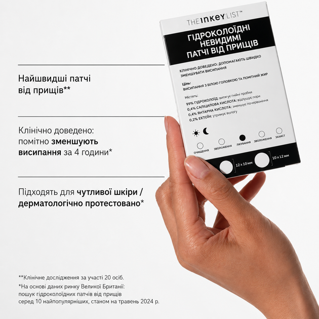 Невидимые SOS-патчи с салициловой кислотой от прыщей The INKEY List Pimple 22 шт. - Фото 1 Невидимые SOS-патчи с салициловой кислотой от прыщей The INKEY List Pimple 22 шт. - изображение 1