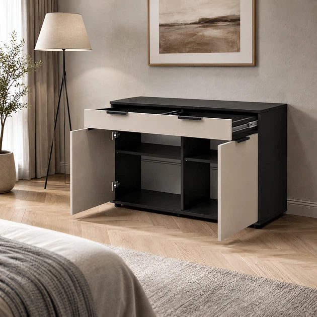Стильний комод Nola 1200х450х750 з шухлядами та полицями Кашемір/Антрацит - зображення 3