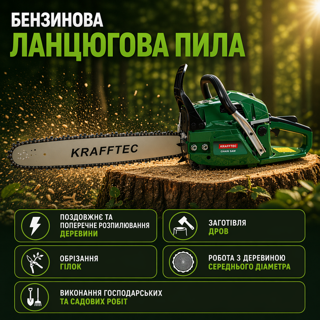 Бензинова ланцюгова пила KRAFFTEC 58 см³, 6500 Вт - зображення 3