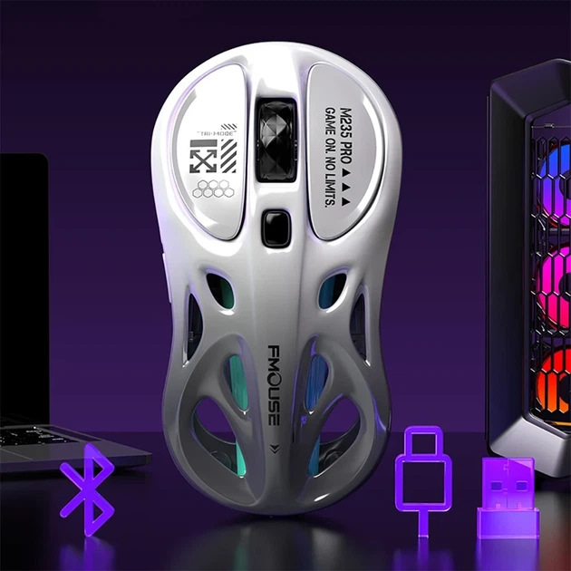Беспроводная сверхлегкая Bluetooth мышь RGB с аккумулятором — игровая компьютерная мышка для ПК и ноутбука FE-577 Серая - изображение 3